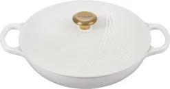 Le Creuset 3 3/4 Qt. Signature Braiser Eiffel Tower Embossed Lid & Gold Knob - White
