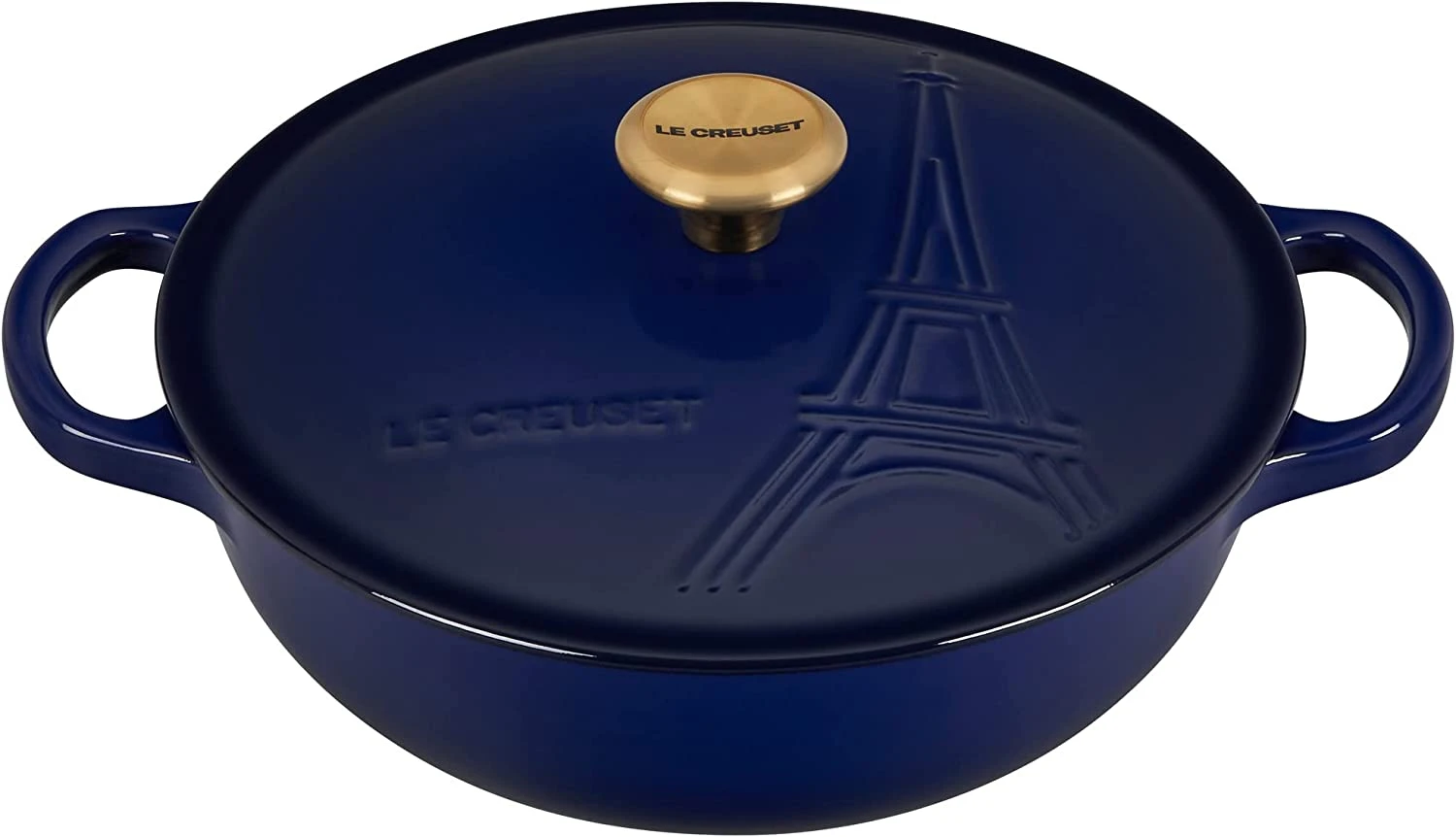 Le Creuset 2 1/2 Qt. Signature Cocotte Eiffel Tower Embossed Lid & Gold Knob - Indigo 1 Le Creuset 2 1/2 Qt. Signature Cocotte Eiffel Tower Embossed Lid & Gold Knob - Indigo
