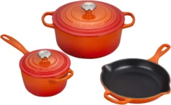 Le Creuset 5-Piece Signature Set W/Stainless Steel Knob - Flame (5.5 Qt. RDO, 1.75 Qt. Saucepan, 9" Skillet)