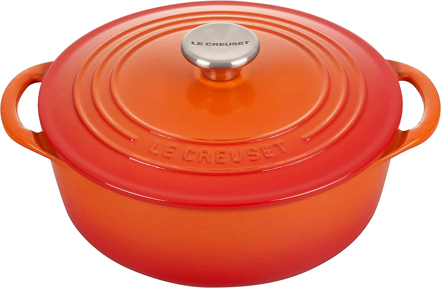 Le Creuset 2 3/4 Qt. Enameled Cast Iron Classic Shallow Round Dutch Oven W/ Stainless Steel Knob - Flame- Personalized Engraving Available 1 Le Creuset 2 3/4 Qt. Enameled Cast Iron Classic Shallow Round Dutch Oven W/ Stainless Steel Knob - Flame- Personalized Engraving Available