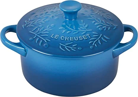 Le Creuset 14 Oz. Stoneware Mini Round Cocotte W/Olive Branch Embossed Lid - Marseille 1 Le Creuset 14 Oz. Stoneware Mini Round Cocotte W/Olive Branch Embossed Lid - Marseille