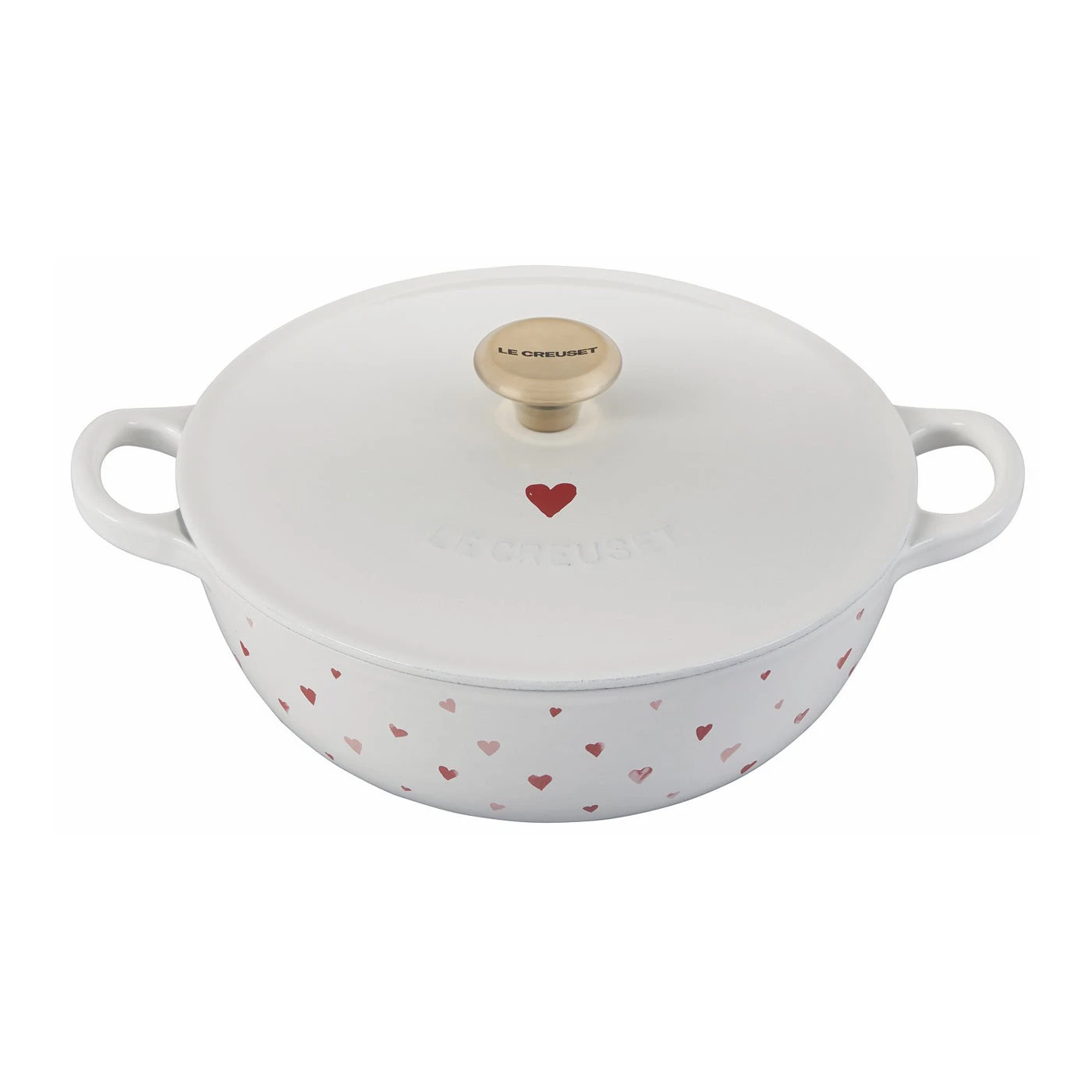 Le Creuset 2 3/4 Qt. L'Amour Enameled Cast Iron Soup Pot - White W/Heart Applique & Light Gold Knob 1 Le Creuset 2 3/4 Qt. L'Amour Enameled Cast Iron Soup Pot - White W/Heart Applique & Light Gold Knob