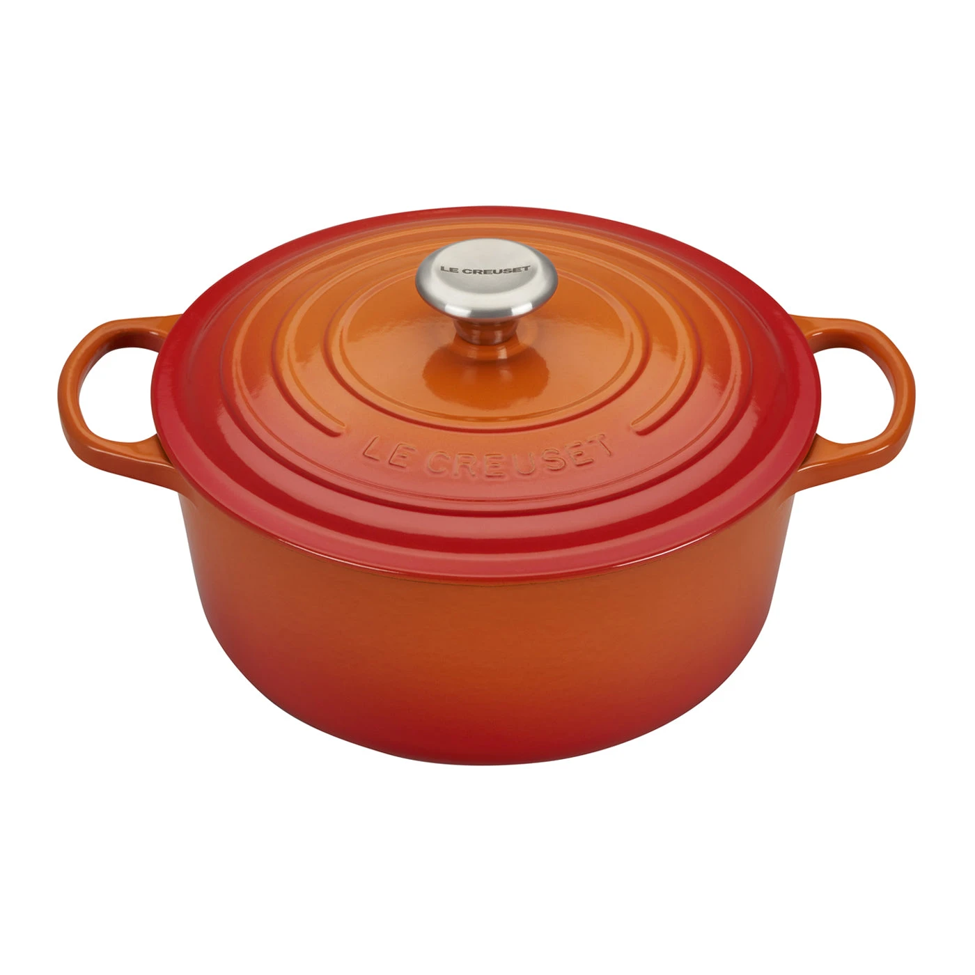 Le Creuset 5 1/2 Qt. Signature Round Dutch Oven W/Stainless Steel Knob - Flame- Personalized Engraving Available 1 Le Creuset 5 1/2 Qt. Signature Round Dutch Oven W/Stainless Steel Knob - Flame- Personalized Engraving Available