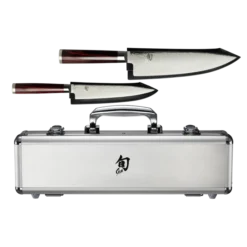 Shun Kohen Anniversary 2 Pc. Set: Utility 6" W/Leather Sheath, Chef's 8" W/Leather Sheath, Foam-lined Metal Case W/Handle